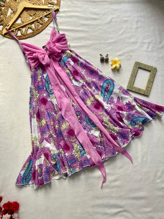 Pink Floral Front Knot Boho Dress