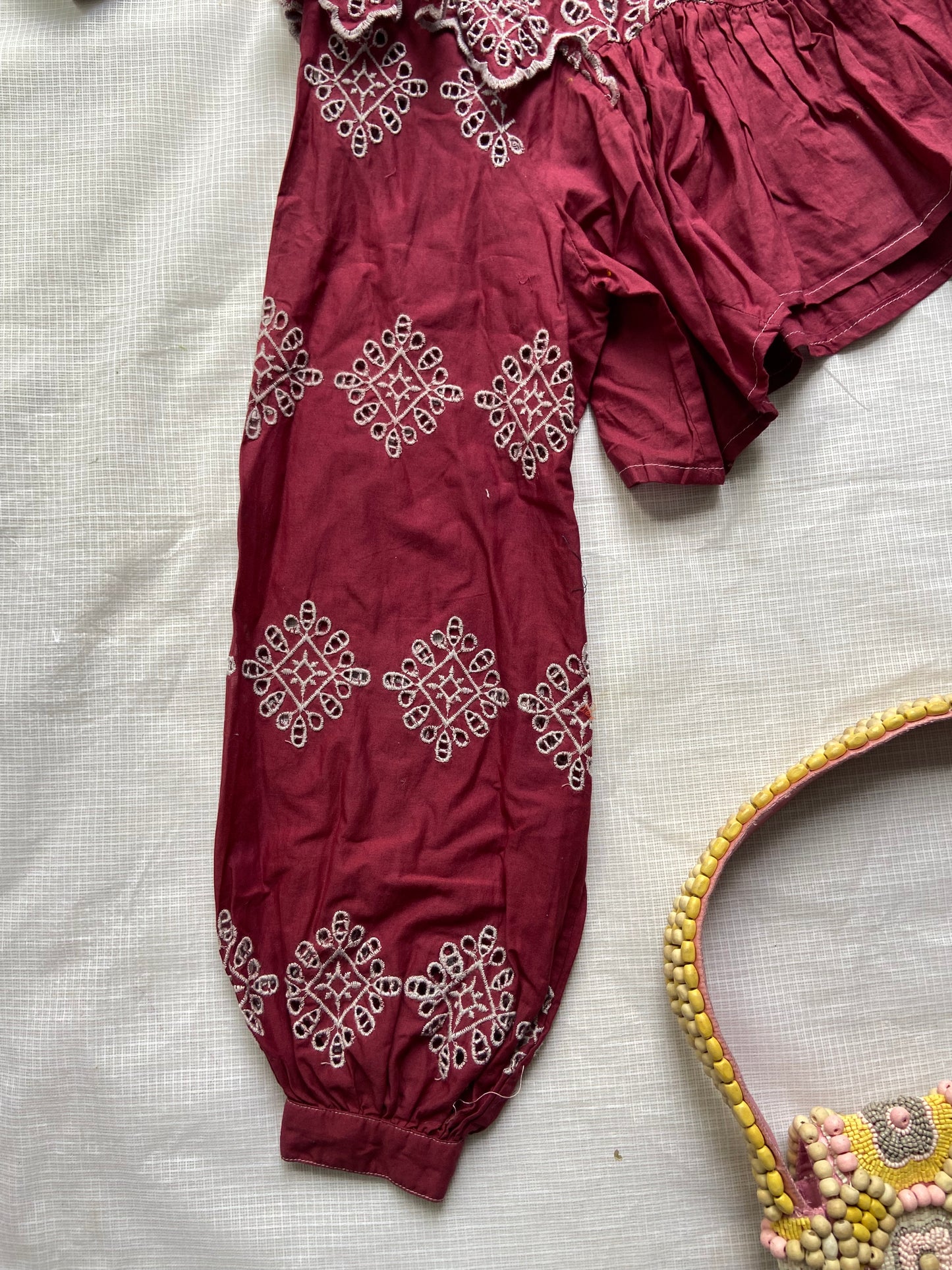 Maroon Embroidered Peplum Co-ord Set with Ruffle Detail