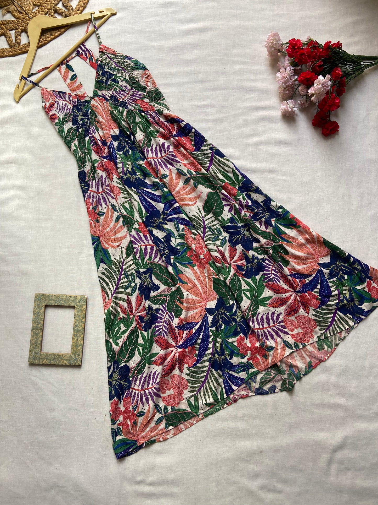 Multi Colour Tropical Print Midi Dress