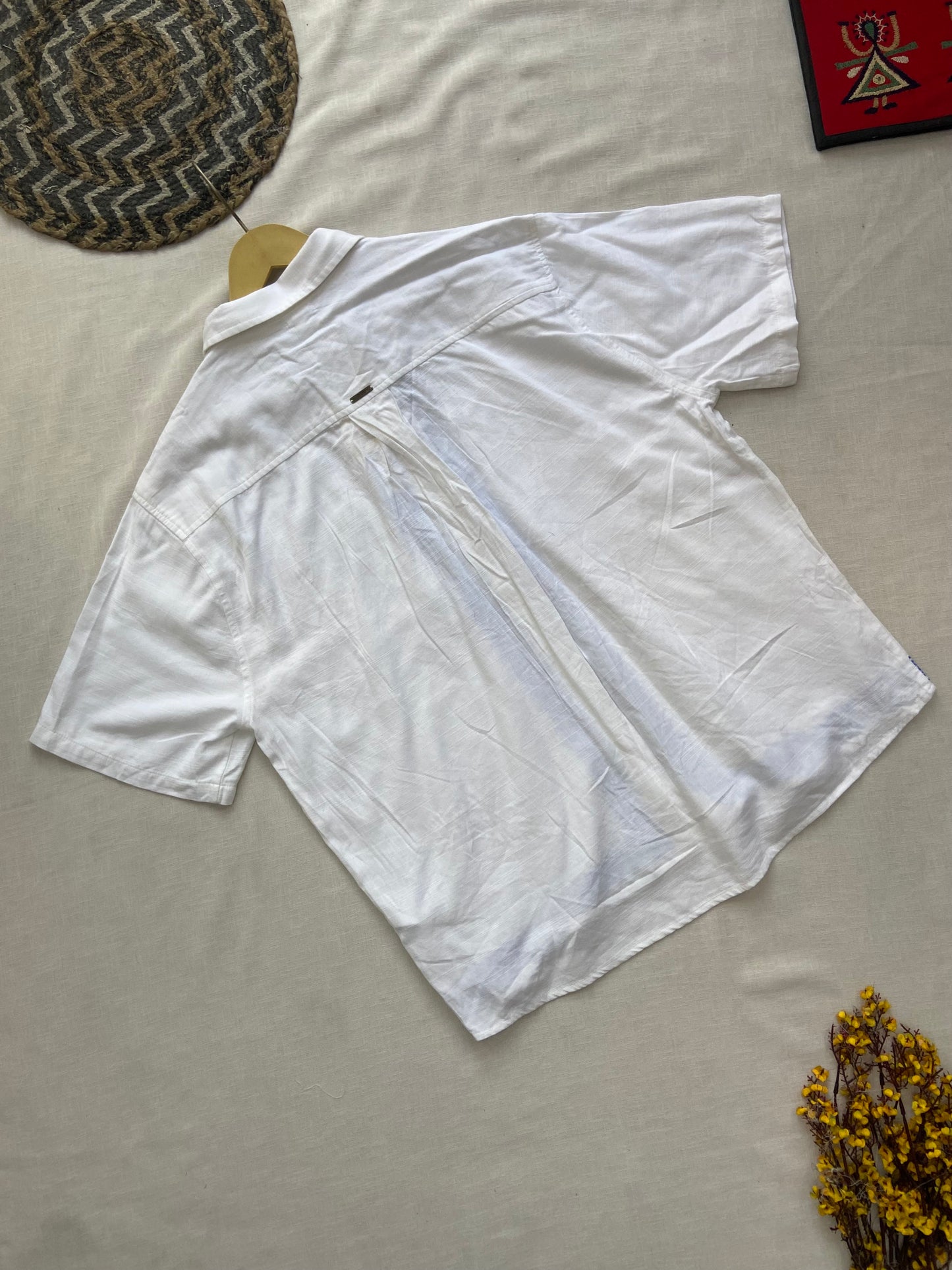 Men's White Cotton Shirt with Blue Geometric Embroidery