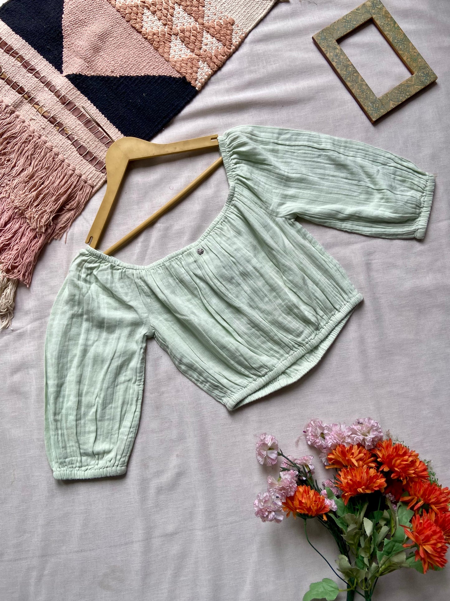 Mint Green Off-Shoulder Smocked Crop Top