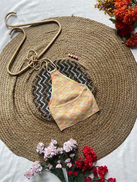 Women's Multicolor Halter Neck Ribbed Crop Top