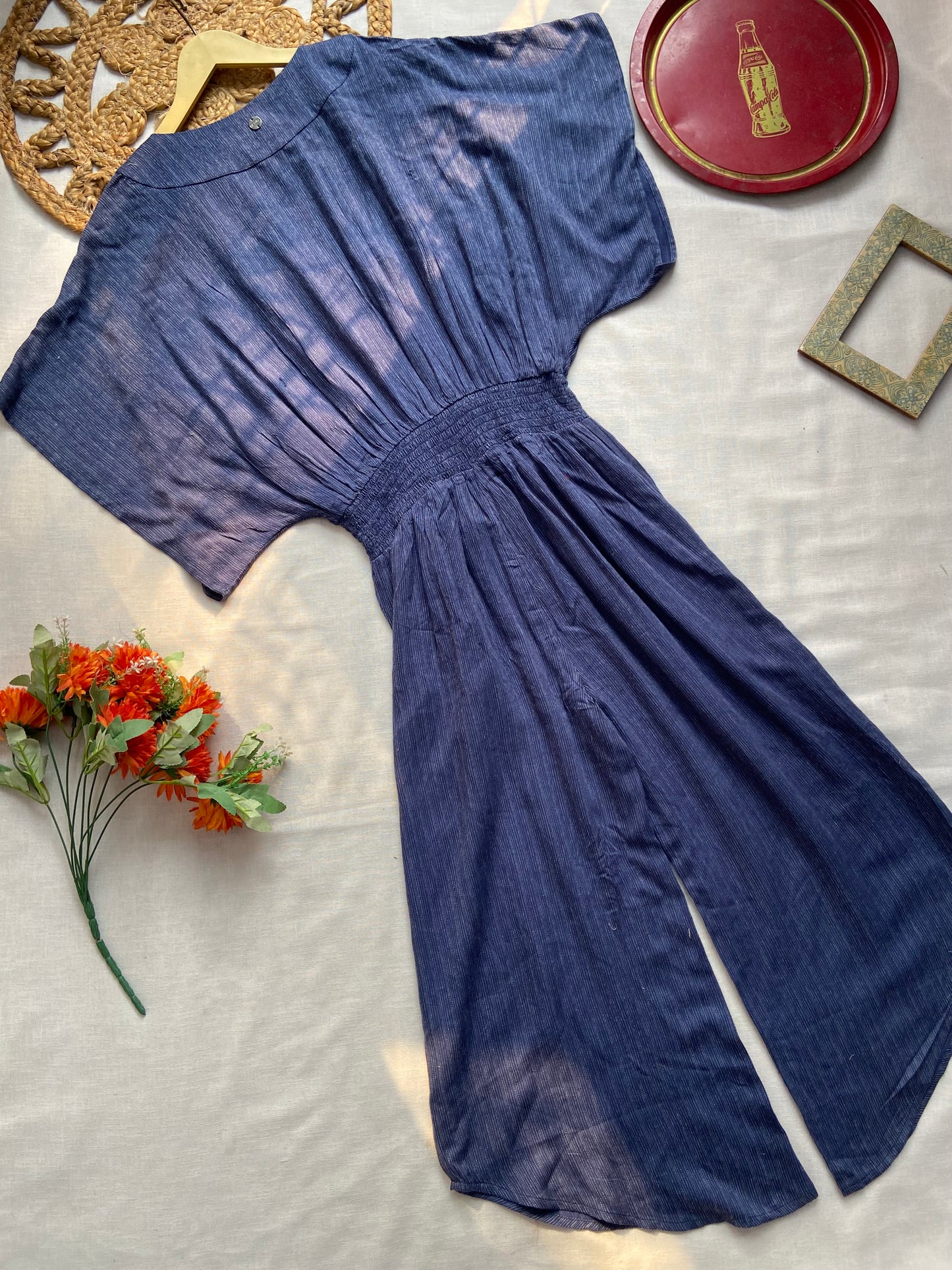 Women’s Blue V-Neck Wide Leg Jumpsuit