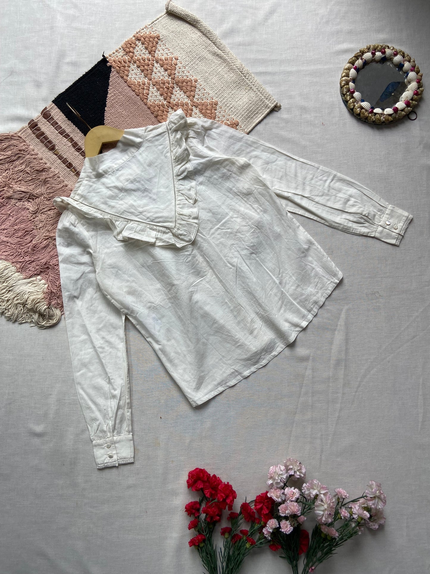 White Ruffled Long Sleeve Shirt with Bow Tie Neck