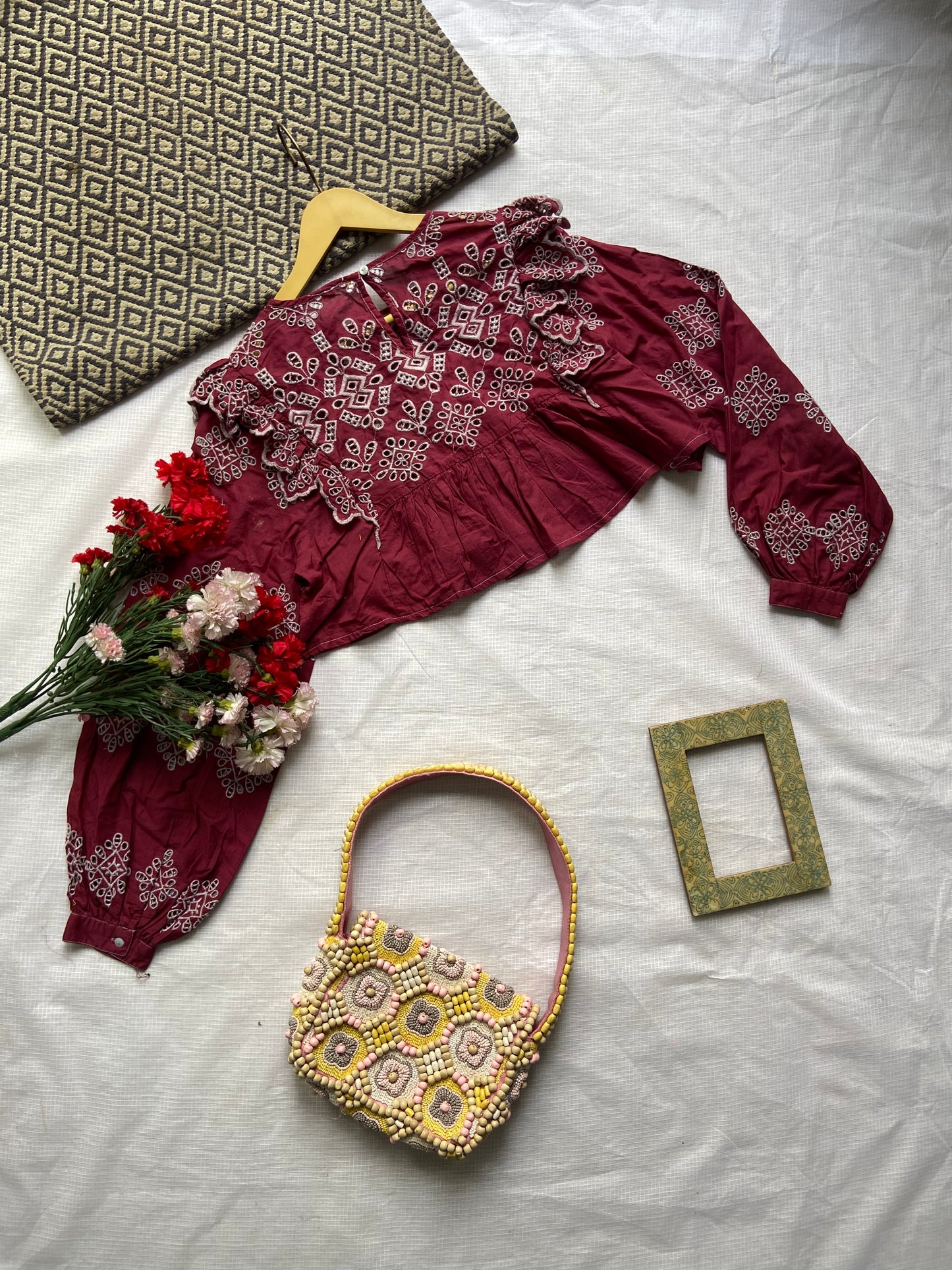 Maroon Embroidered Peplum Co-ord Set with Ruffle Detail