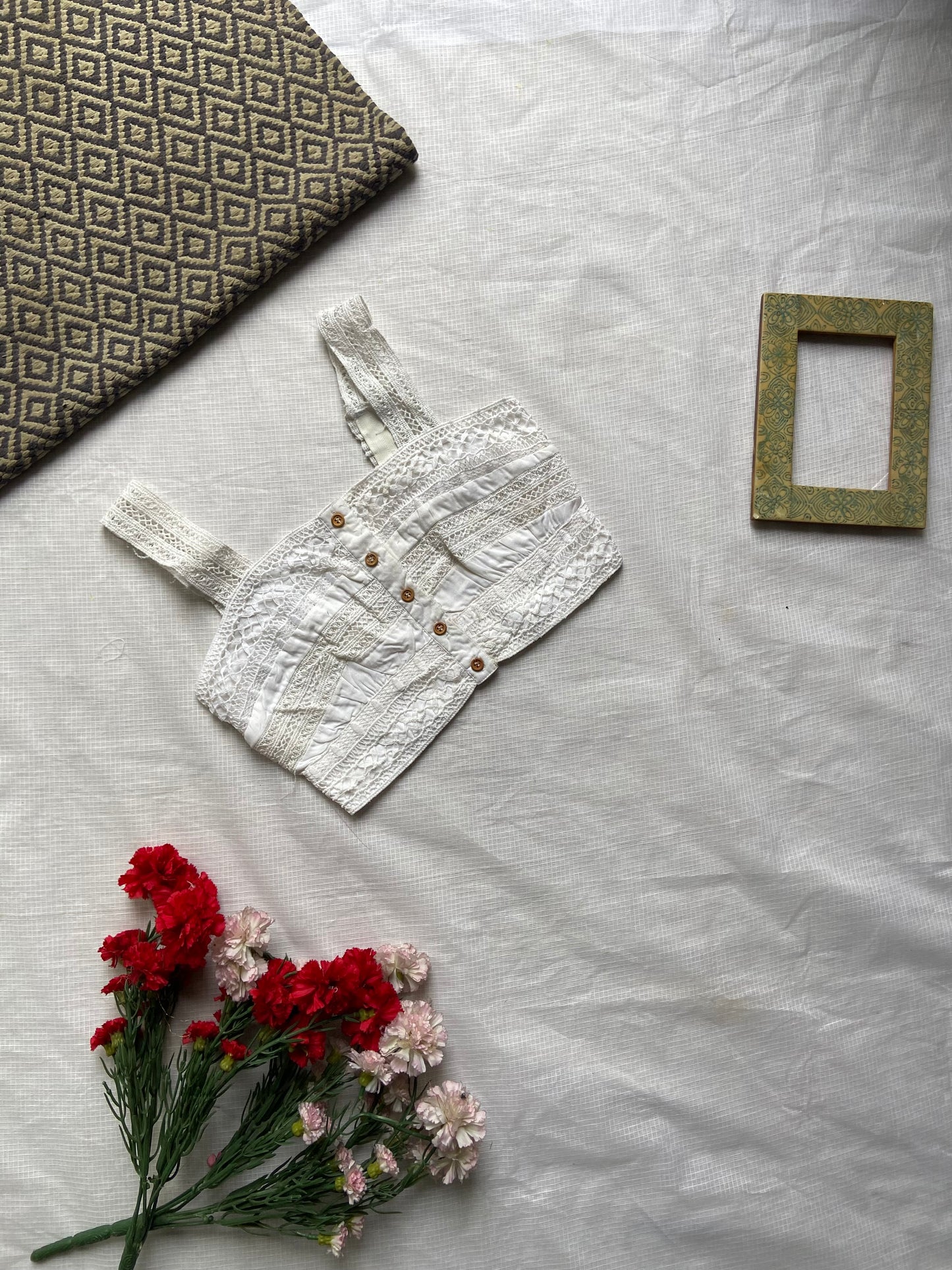 Handcrafted Beaded Floral Mini Bag with White Lace Crop Top