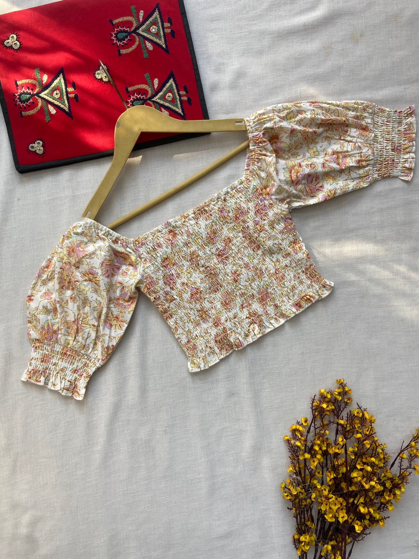 Floral Smocked Crop Top with Puff Sleeves
