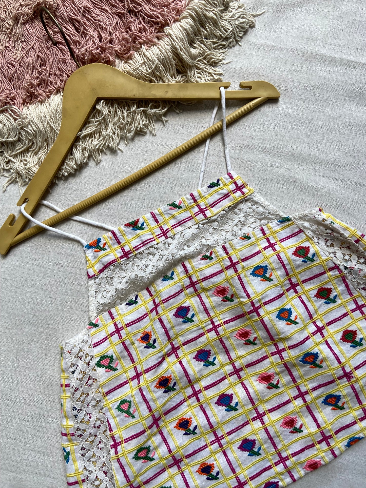 Embroidered Sleeveless Cotton Crop Top with Lace Detailing