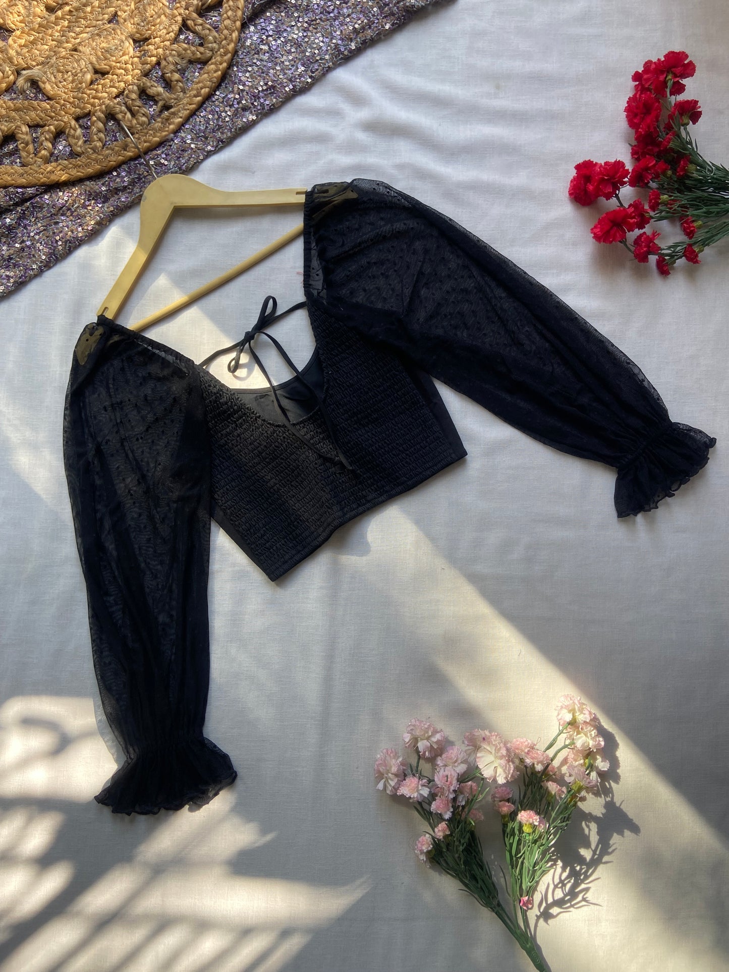 Women's Black Sheer Puff Sleeve Crop Top