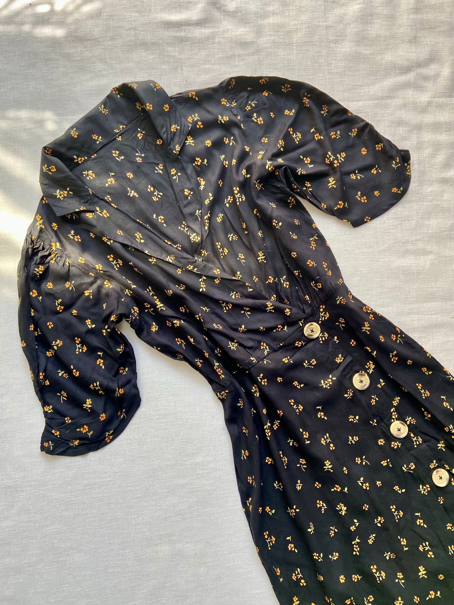 Black Floral Button-Front Midi Dress with Puff Sleeves