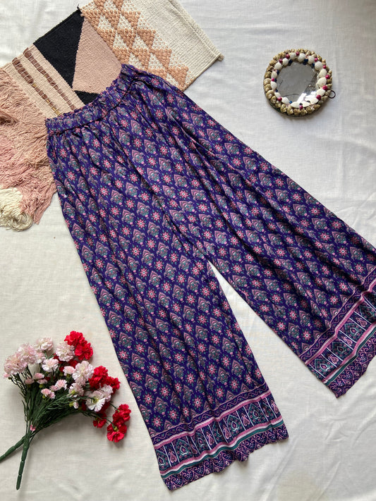 Boho Printed Wide-Leg Palazzo Pants – Navy Blue & Pink Ethnic Motif