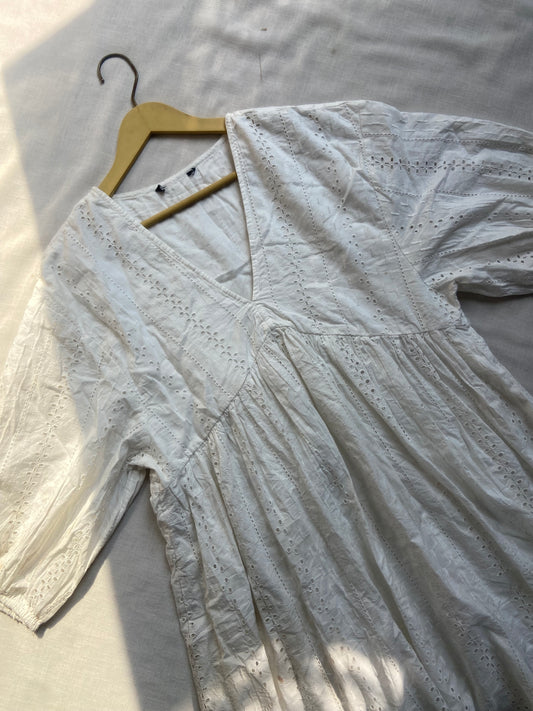 White Eyelet Cotton Dress with 3/4 Sleeves