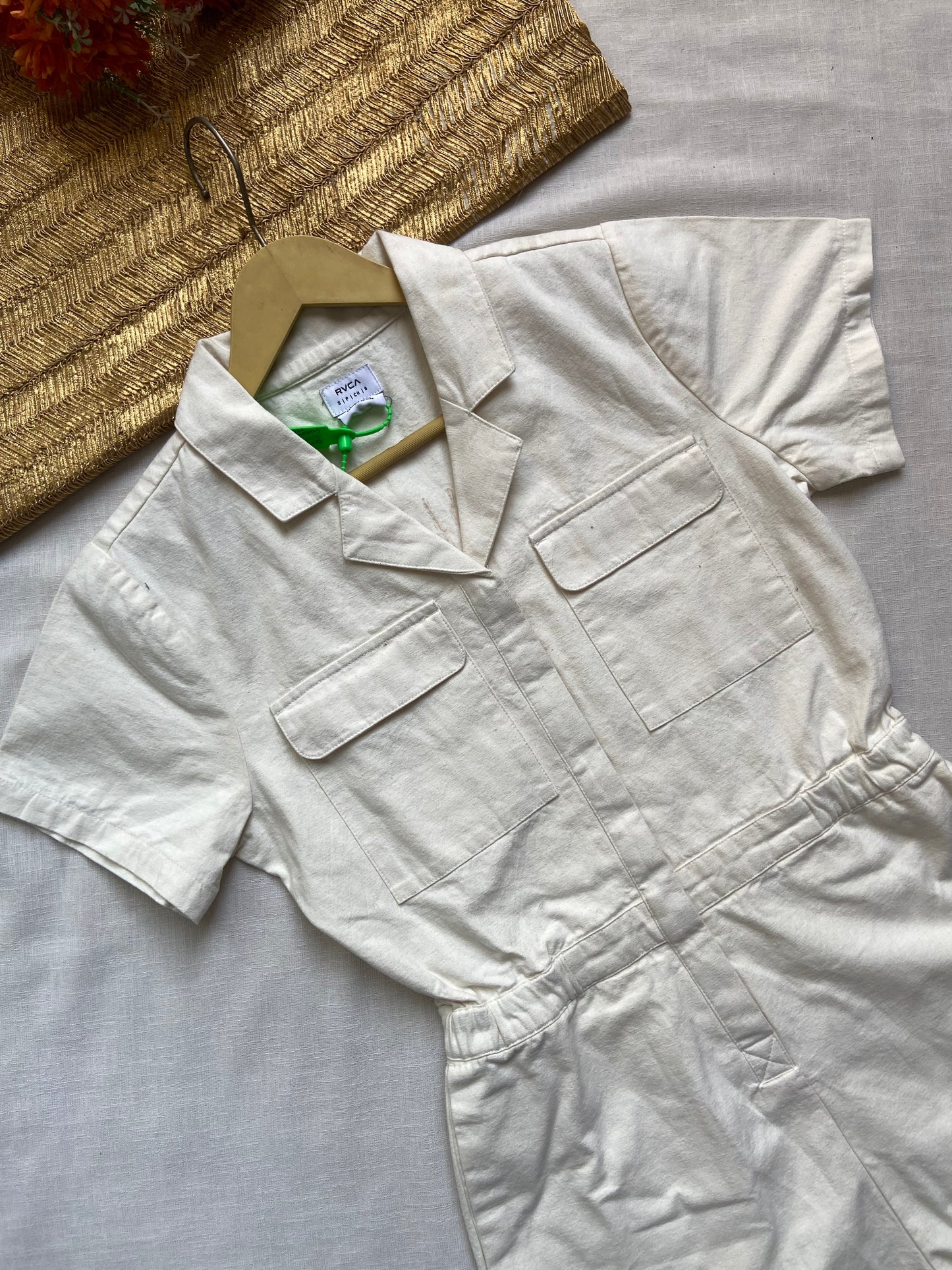 Women's Beige Utility Short Jumpsuit with Front Pockets