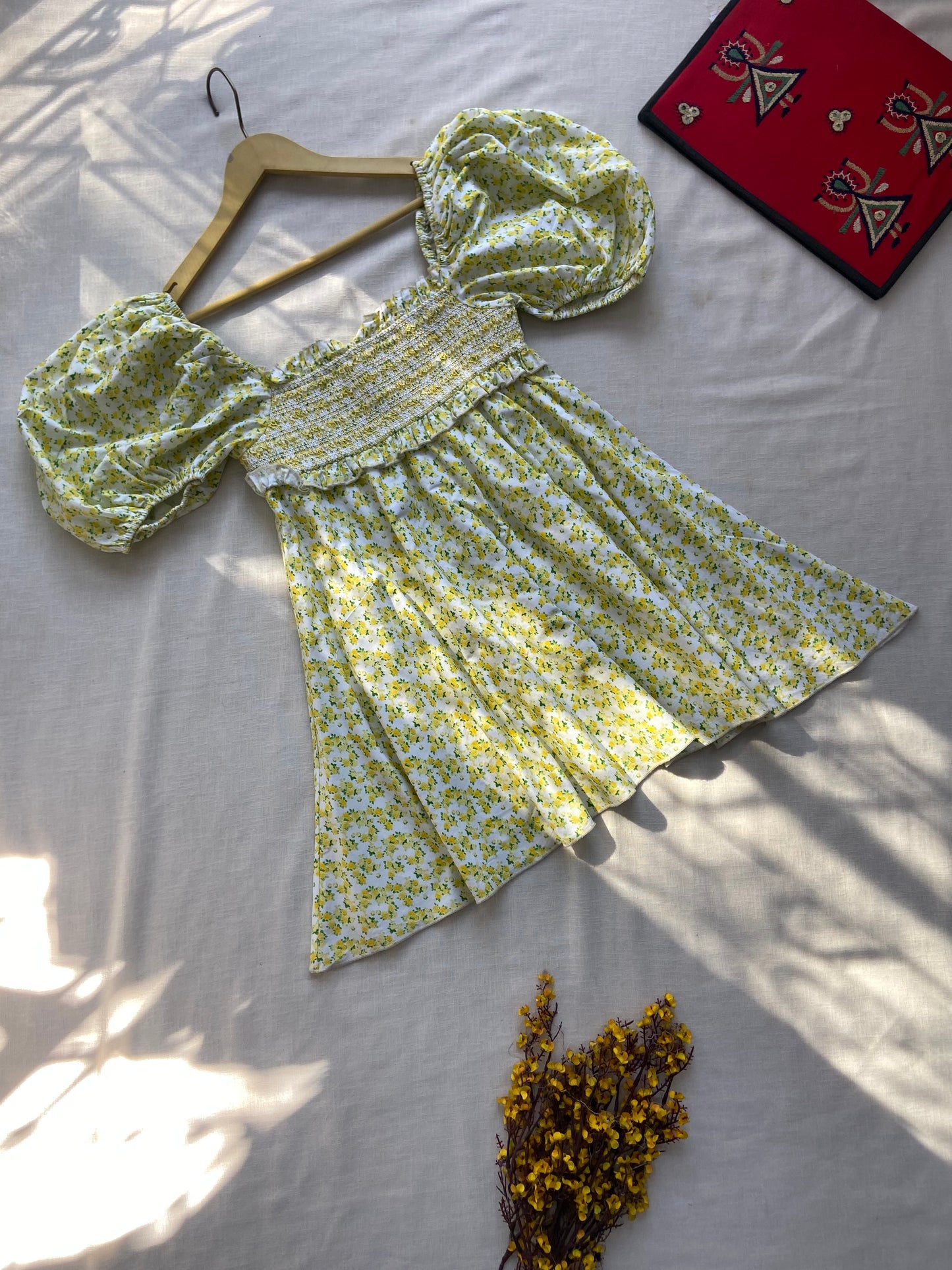 Yellow Floral Puff Sleeve Smocked Mini Dress