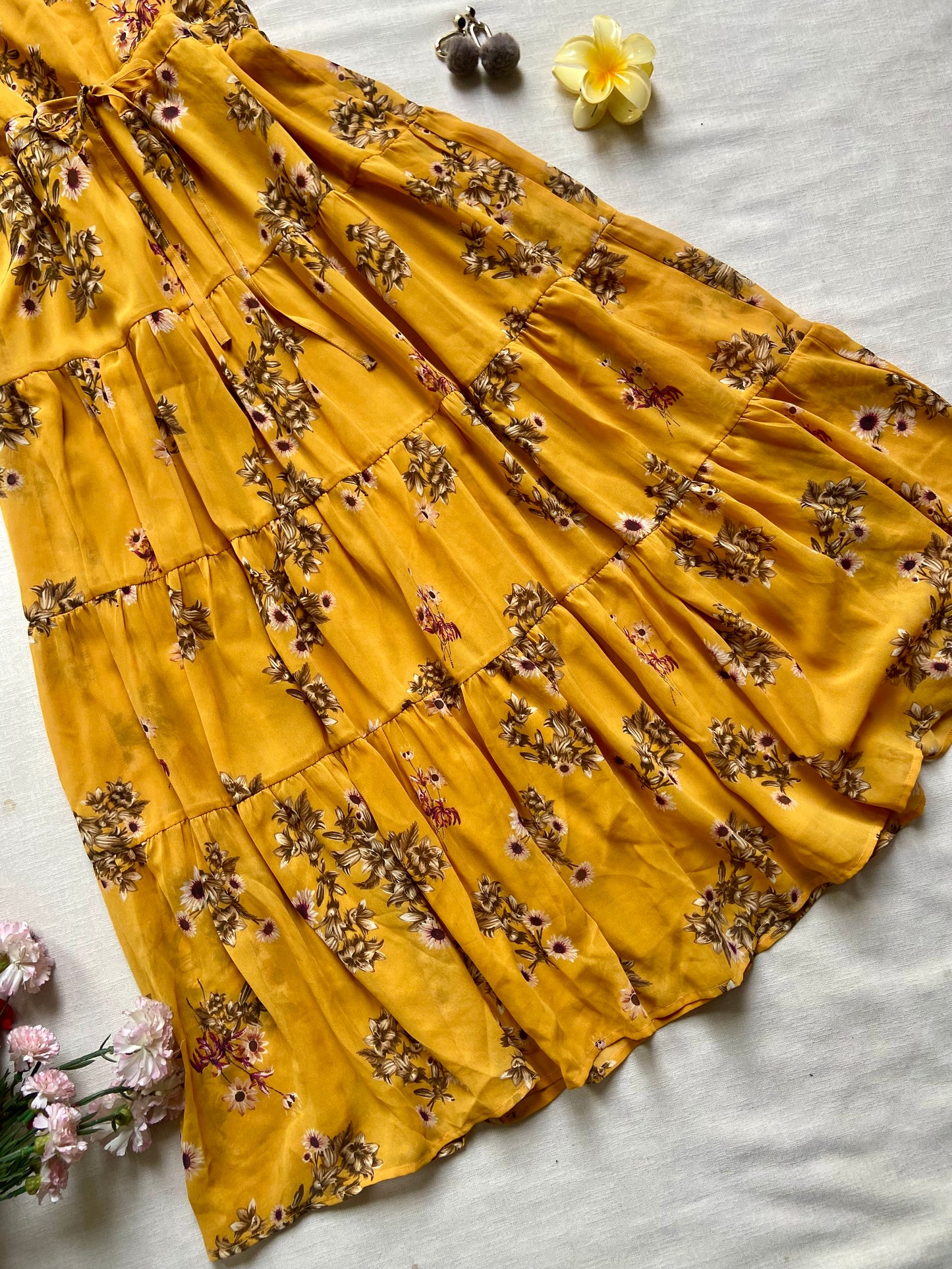 Yellow Floral Tiered Midi Dress