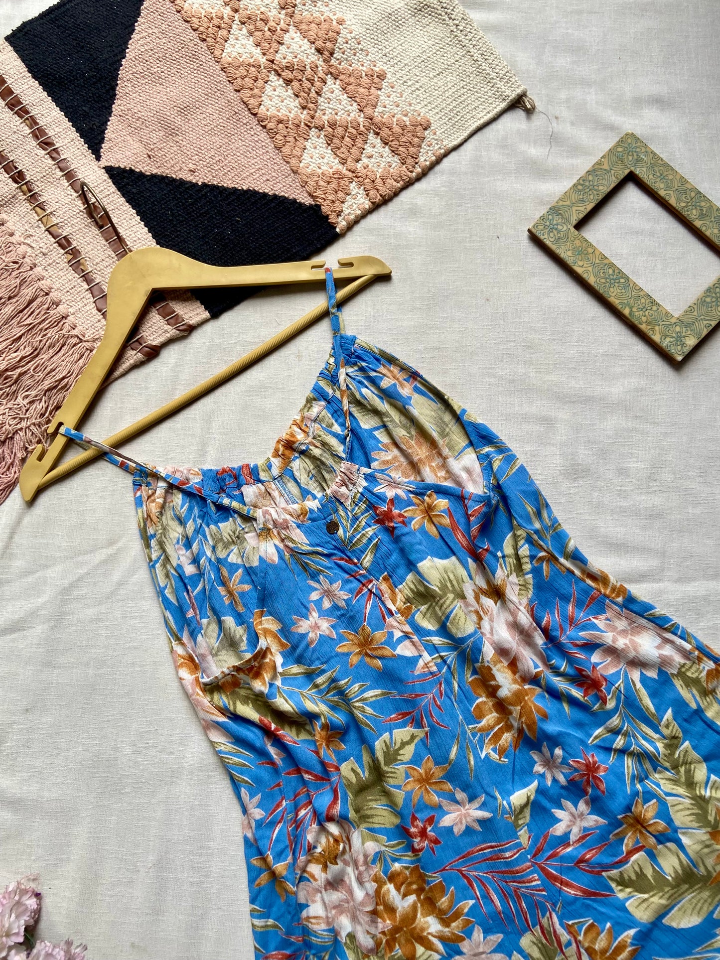 Blue Floral Spaghetti Strap Summer Dress