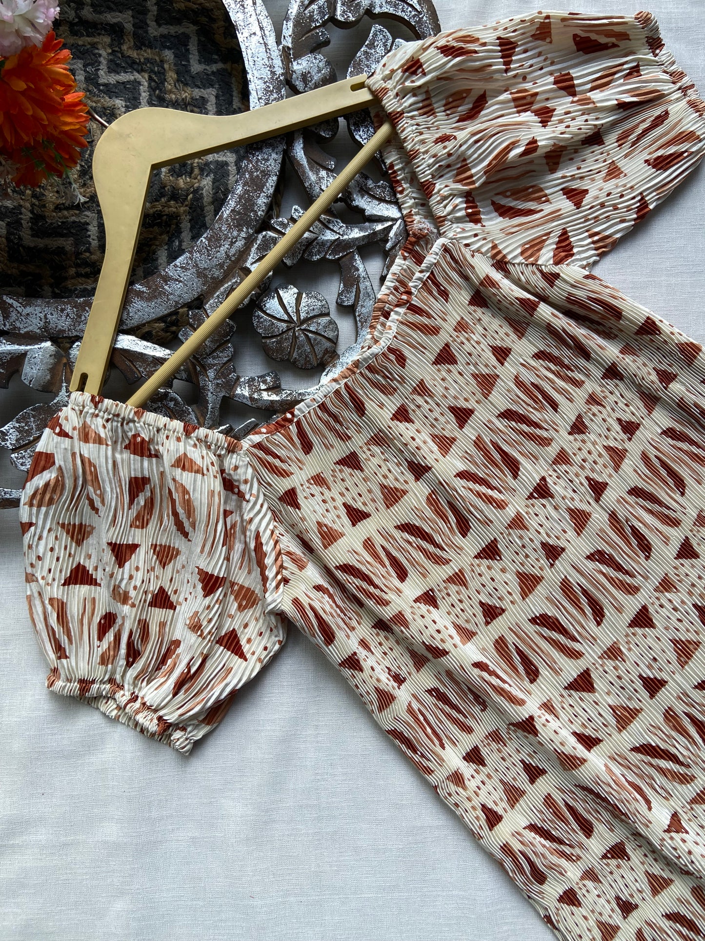 Pleated white printed dress