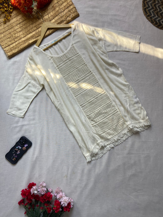 Women's Cream Crochet Panel Tunic Top