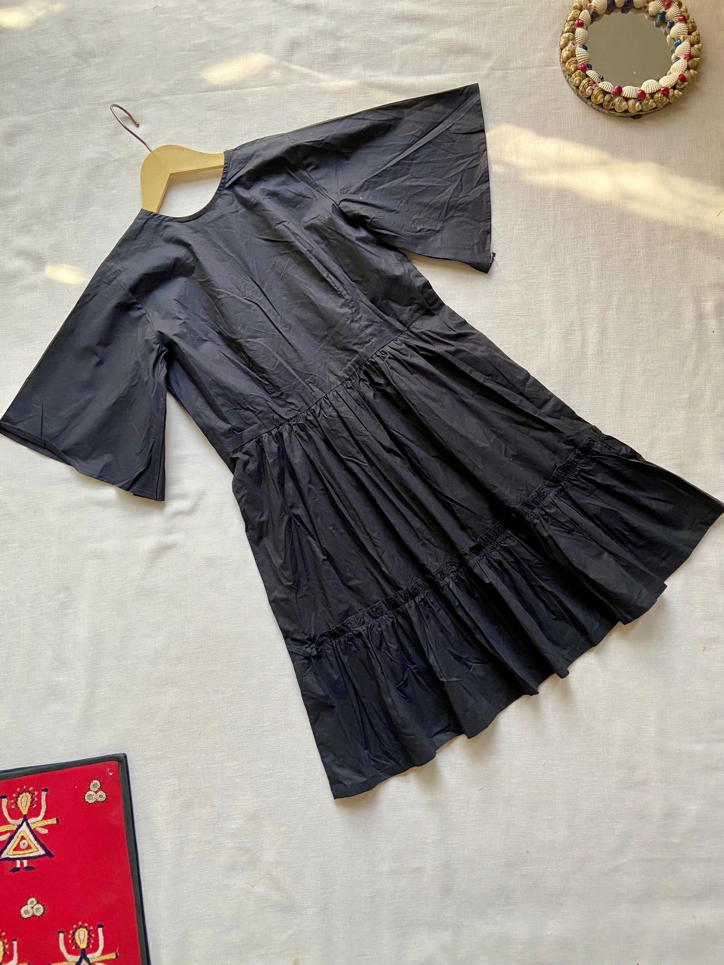 Black V-Neck Flared Midi Dress with Bell Sleeves