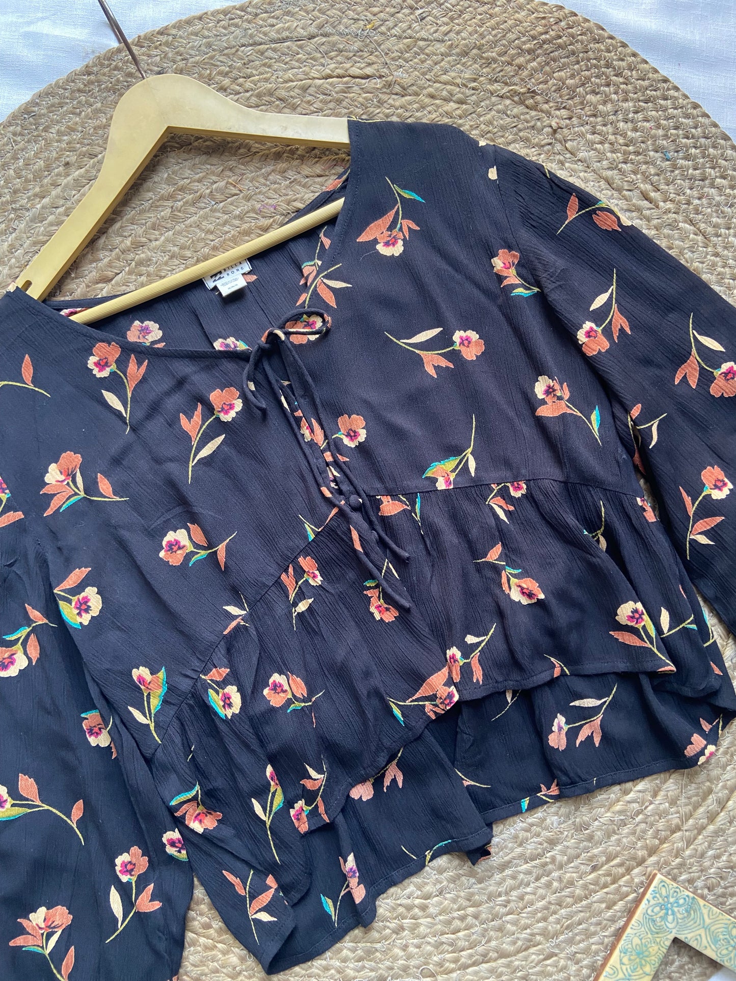 Women's Black Floral Printed Peasant Top – Long Sleeve Boho Blouse