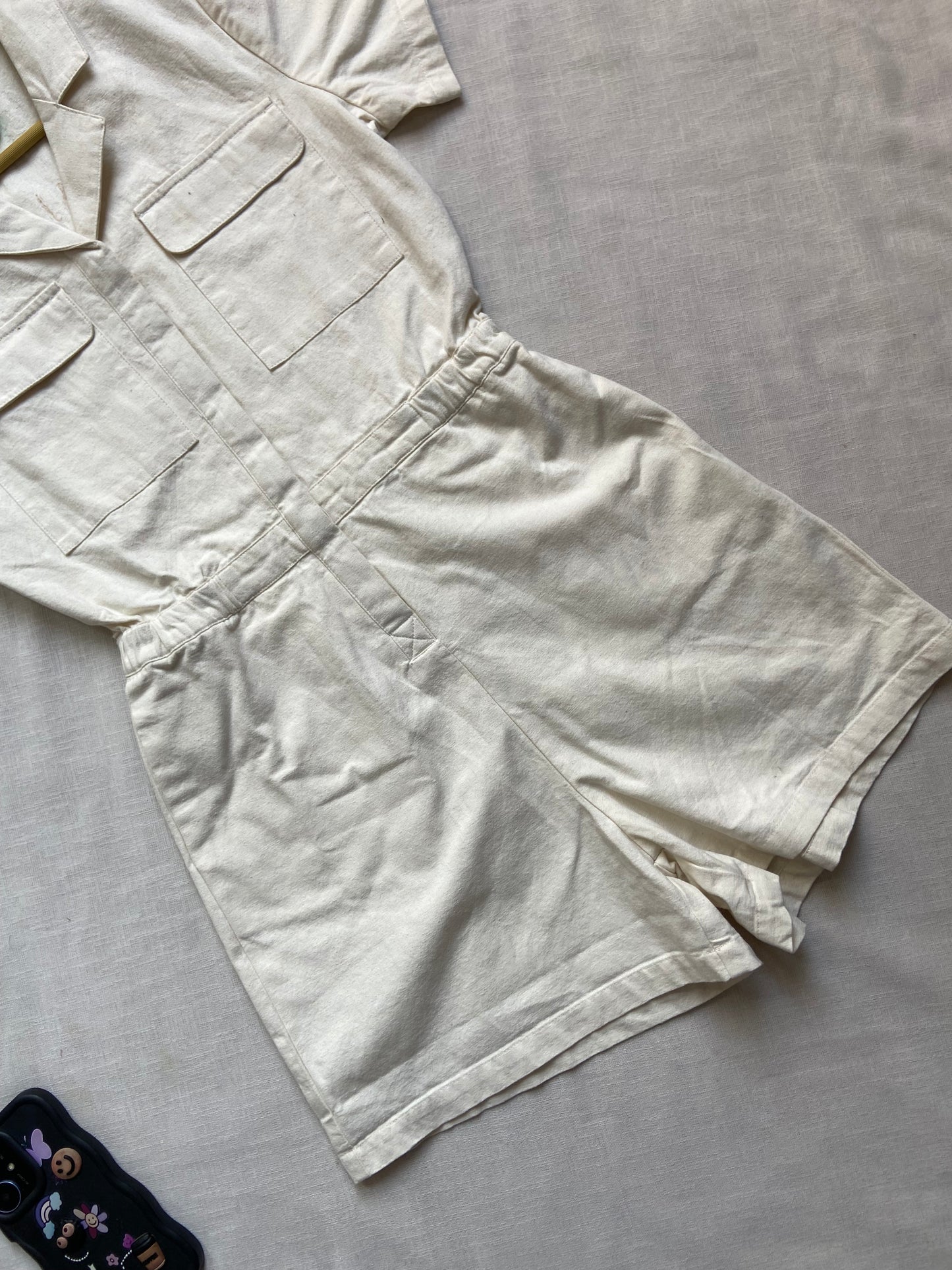 Women's Beige Utility Short Jumpsuit with Front Pockets