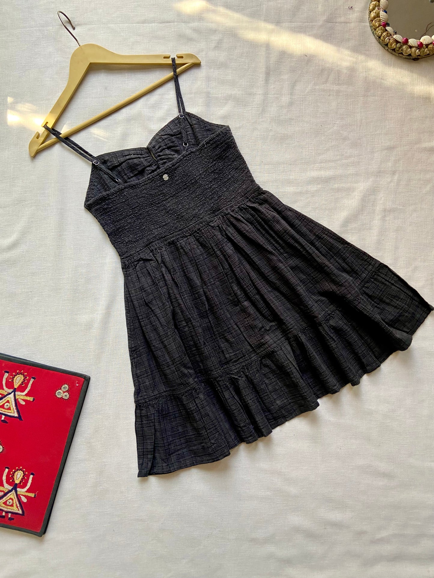 Black Checked Spaghetti Strap Tiered Dress