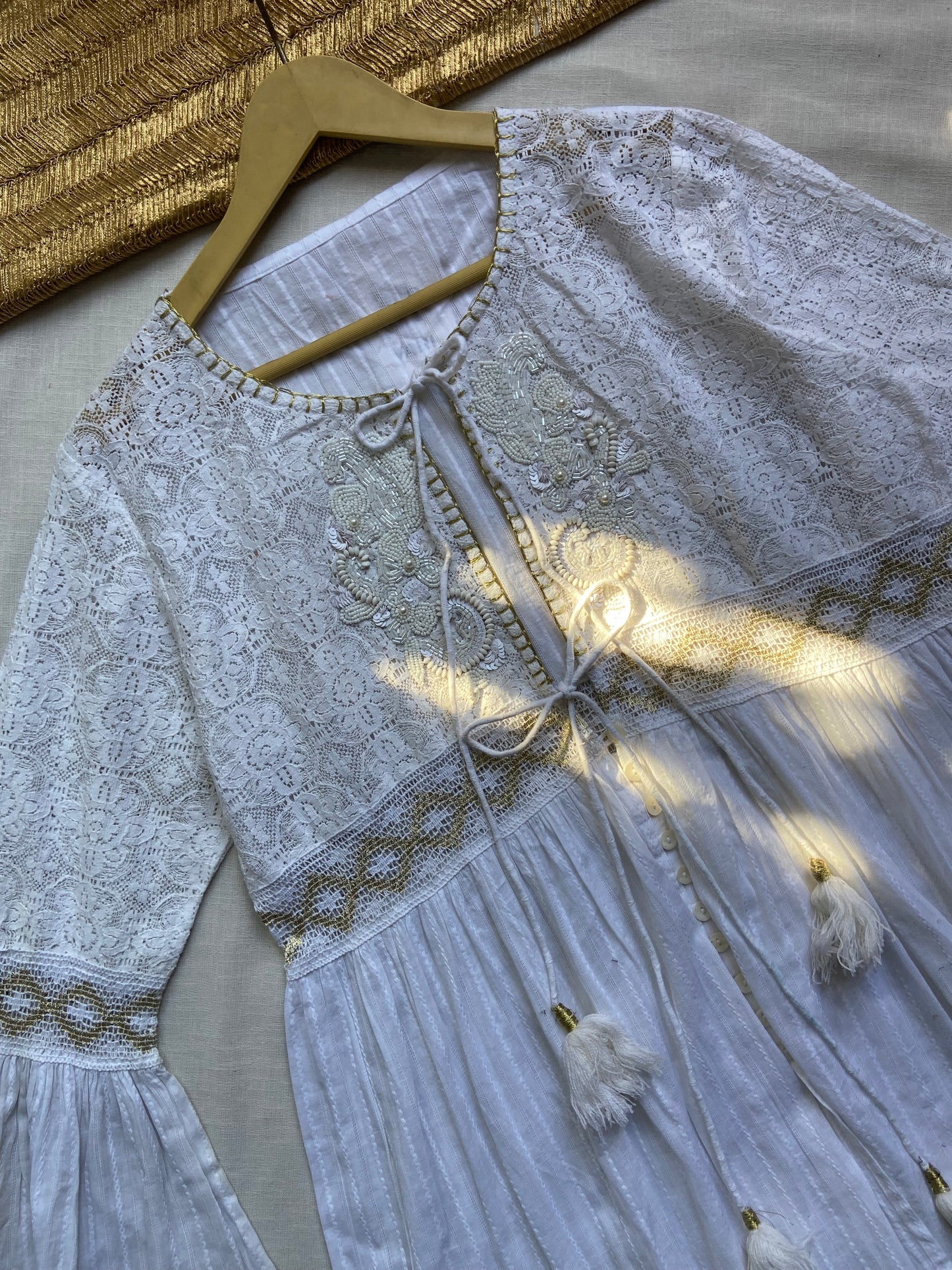 Elegant White Embroidered Boho Tunic with Tassels