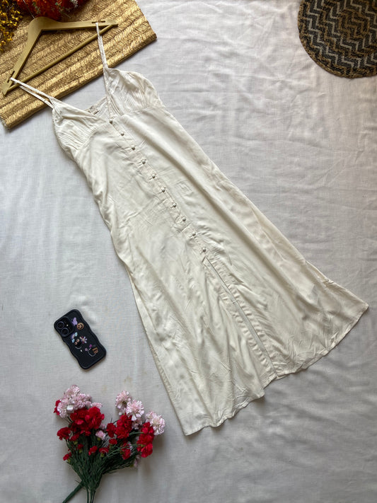 Women's Cream Satin Slip Dress with Front Button Detailing