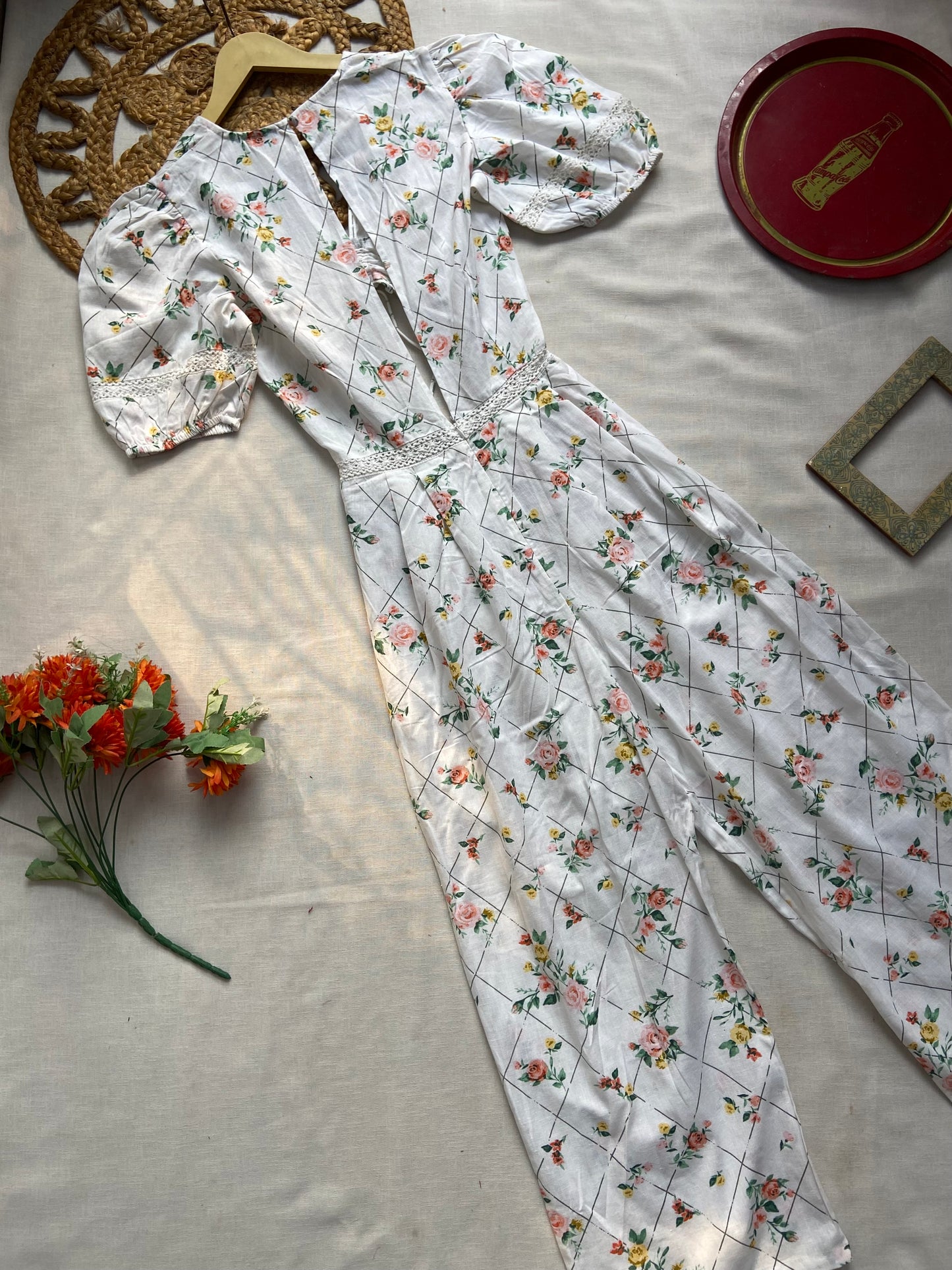 Women’s White Floral Printed Jumpsuit with Puff Sleeves