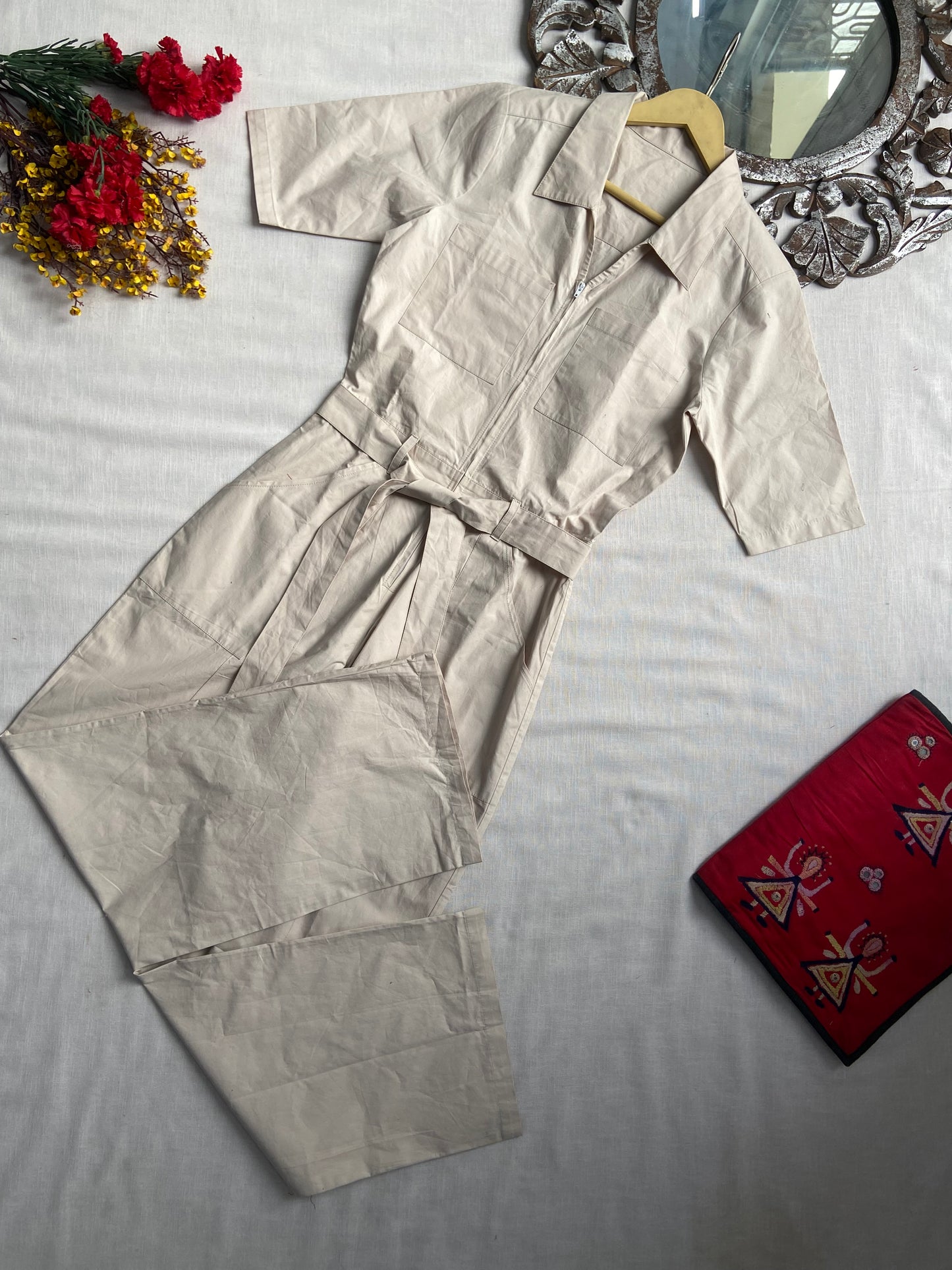 Beige Cargo Jumpsuit