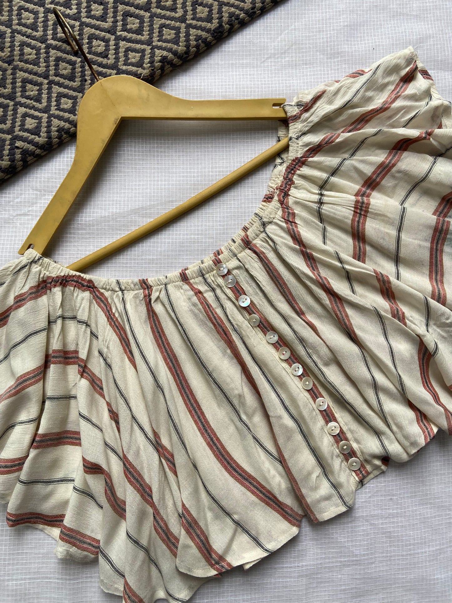 Women's Striped Off-Shoulder Crop Top with Button Detail – Boho Summer Top