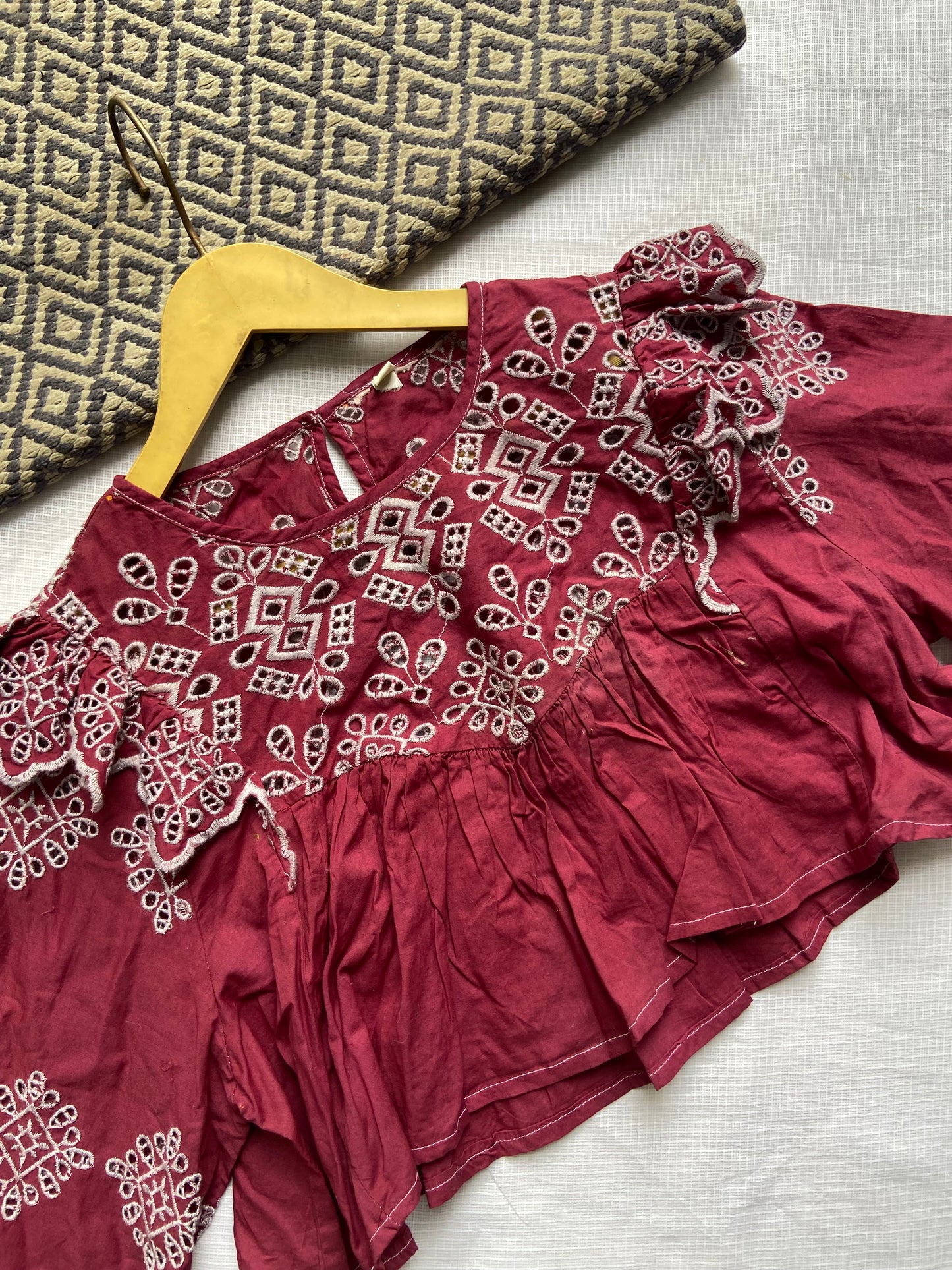 Maroon Embroidered Peplum Co-ord Set with Ruffle Detail