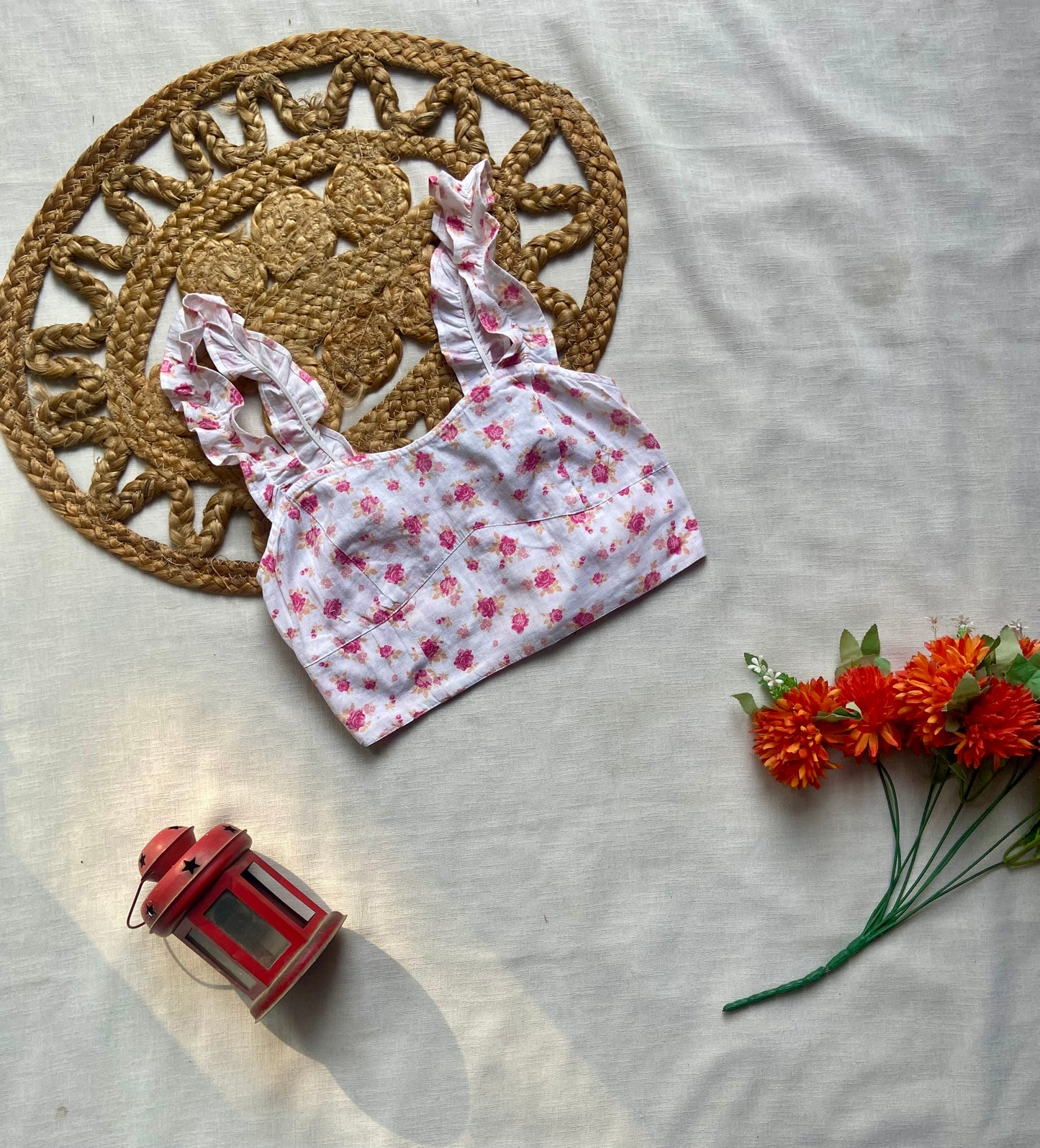 Girls Pink Floral Cotton Crop Top with Ruffle Straps