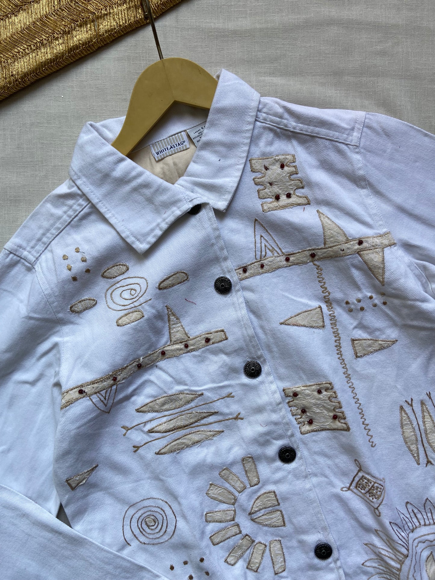 Women's White Denim Jacket with Boho Embroidered Designs
