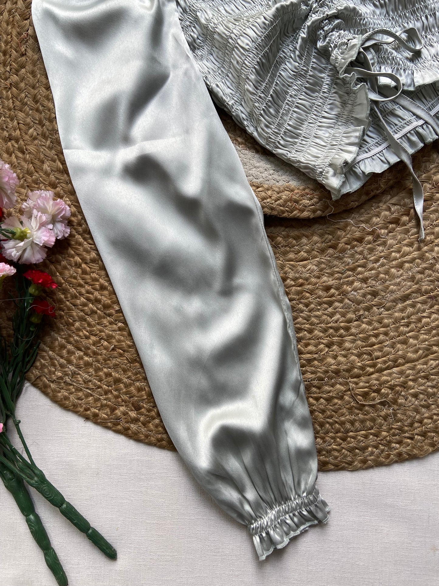 Satin Puff Sleeve Smocked Crop Top