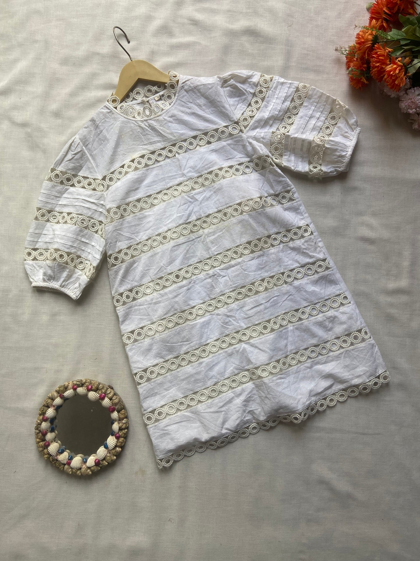 White Cotton Lace-Trimmed Dress for Girls