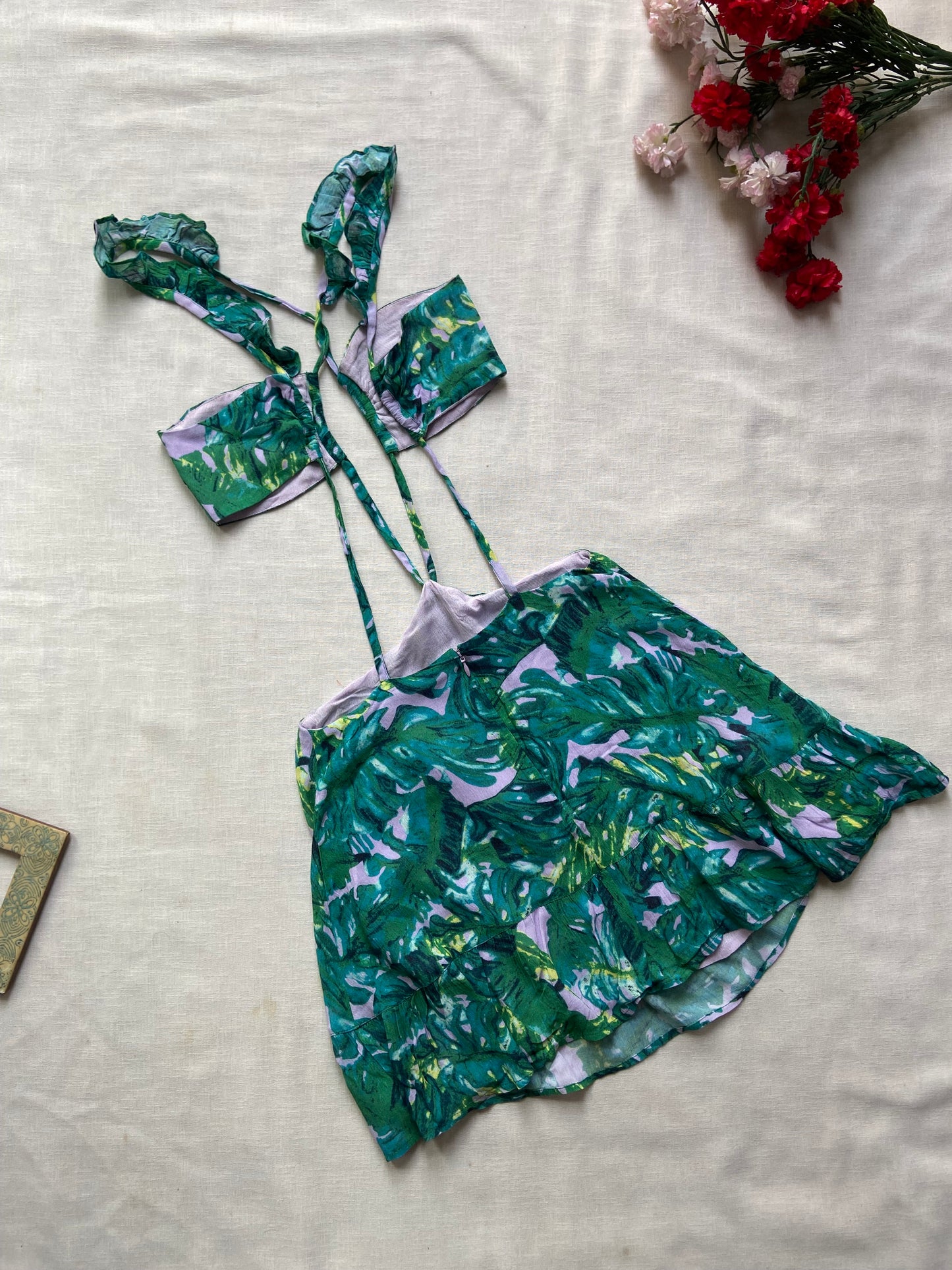 Green Floral Cut out Mini Dress