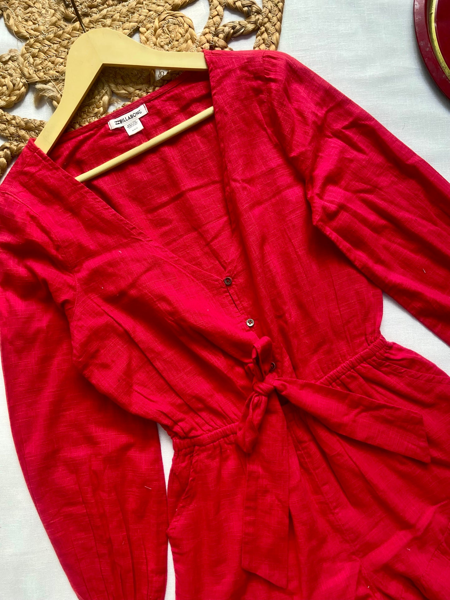 Women’s Red Ruffle Hem Romper with Long Sleeves