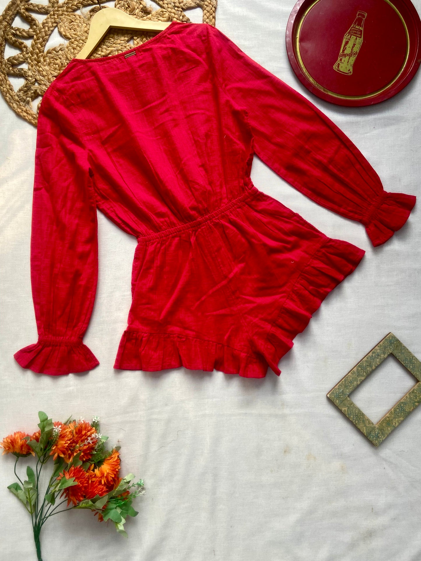 Women’s Red Ruffle Hem Romper with Long Sleeves