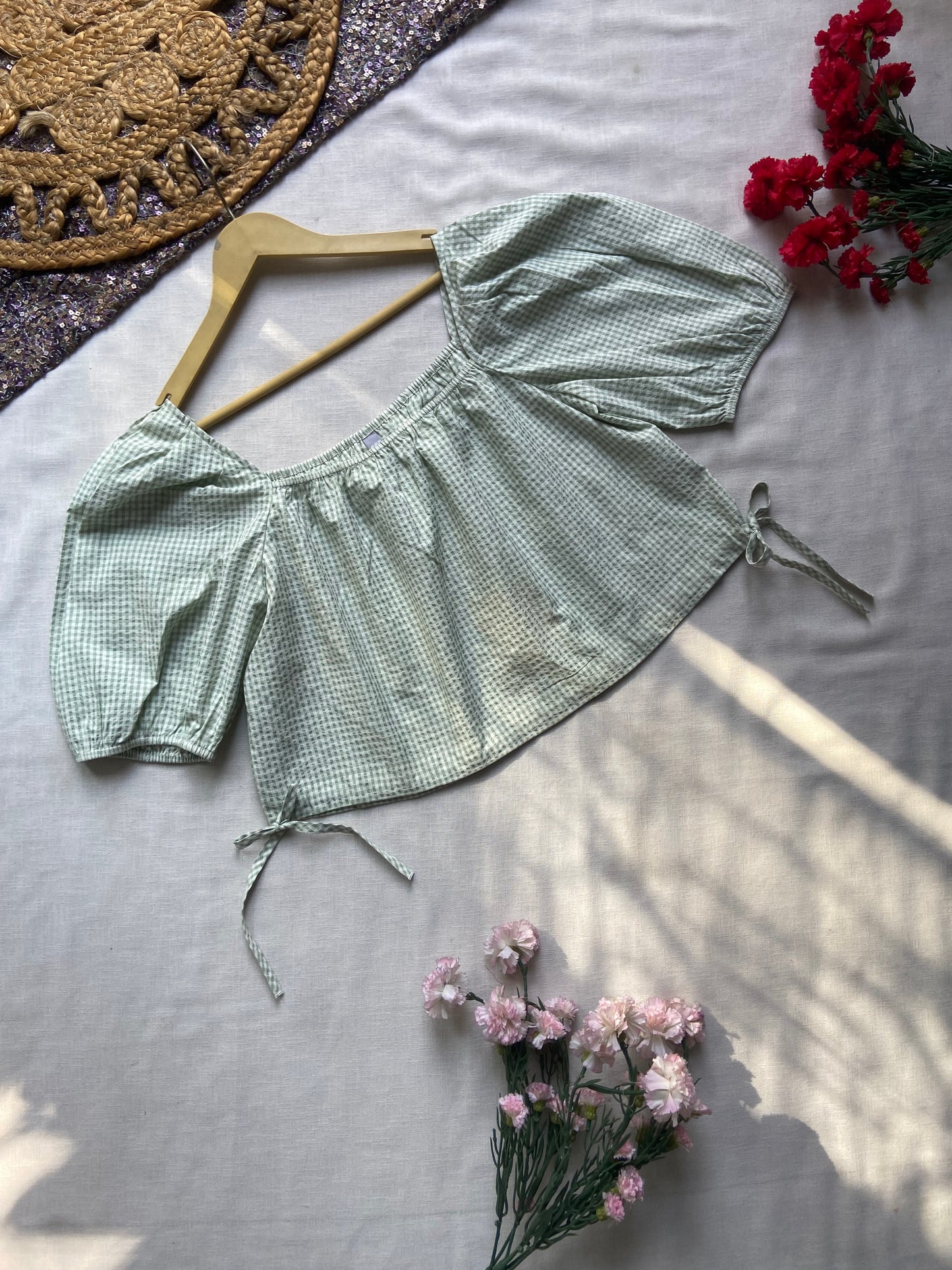 Gingham Puff Sleeve Crop Top – Mint Green