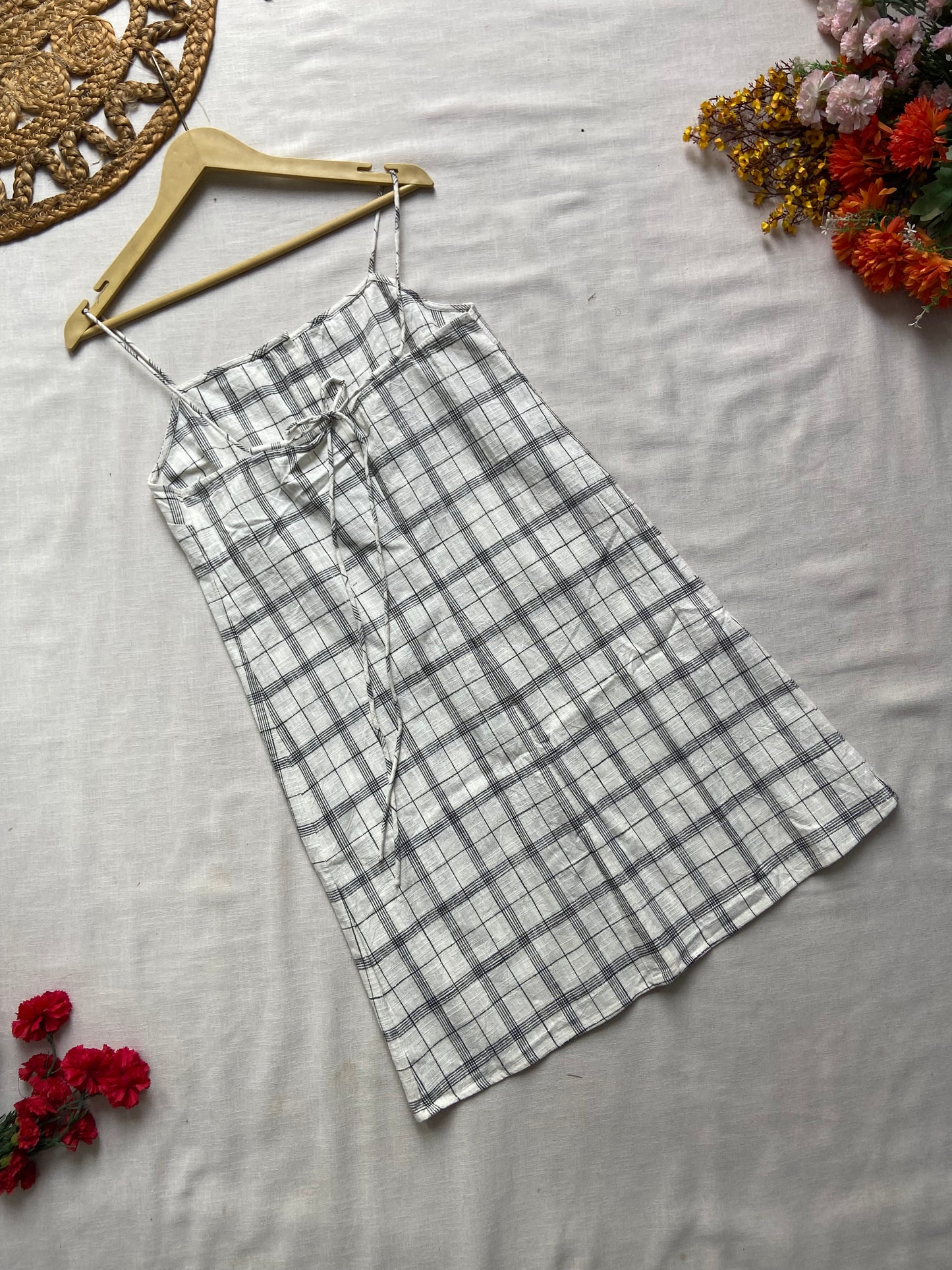 White Check Print Button Down Mini Dress