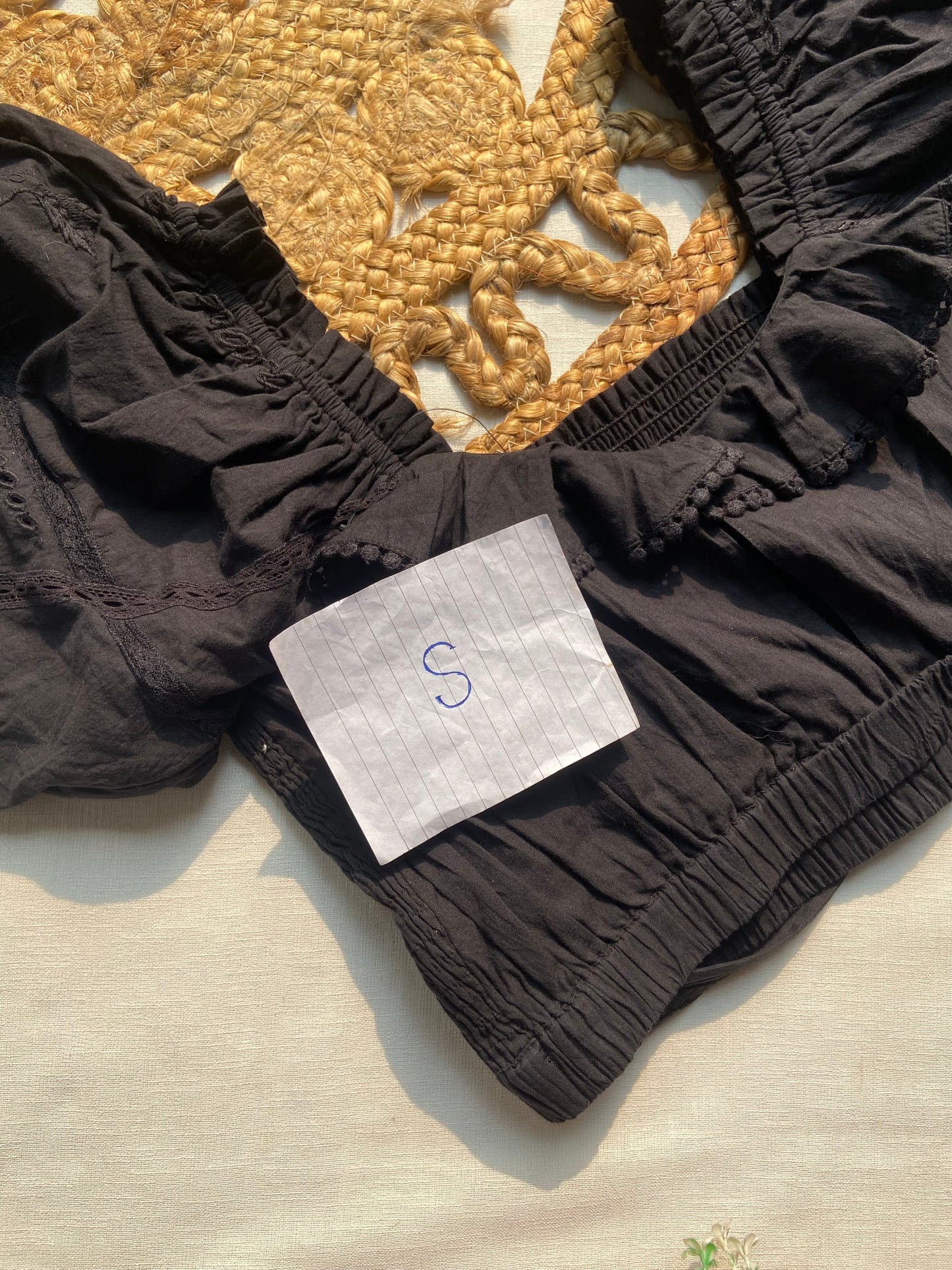 Black Cotton Puff Sleeve Embroidered Blouse for Women