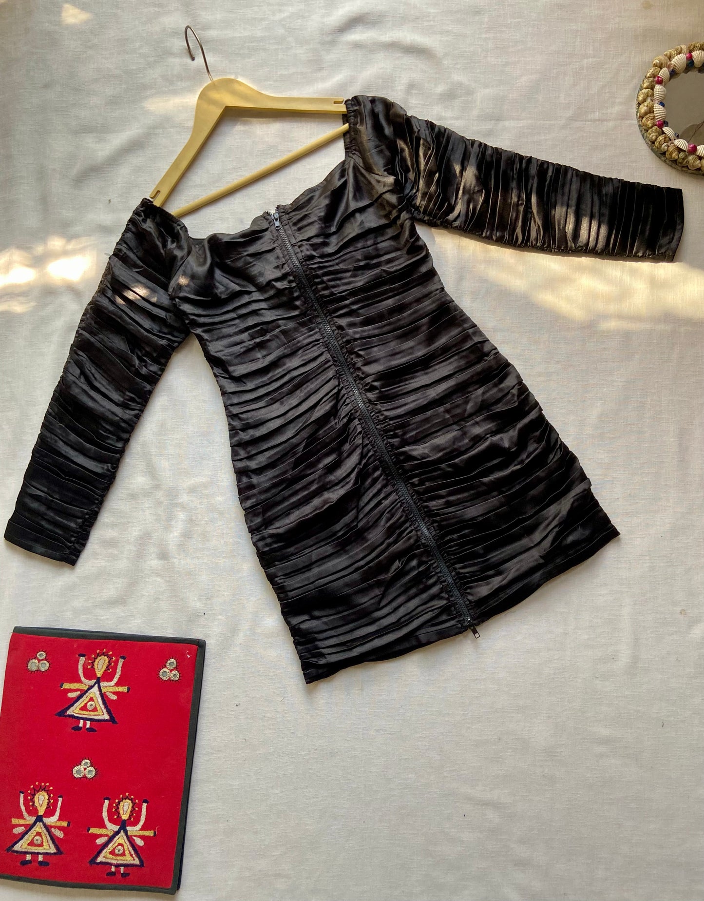 Black Ruched Bodycon Dress with Front Zip