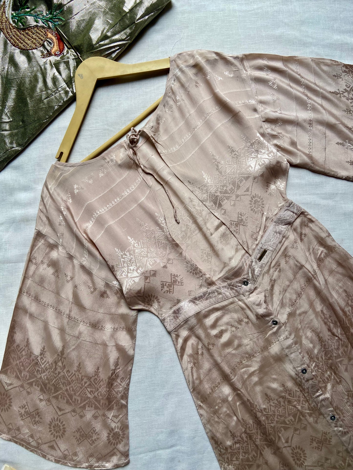 Elegant Beige Embroidered Satin Midi Dress with Flared Sleeves