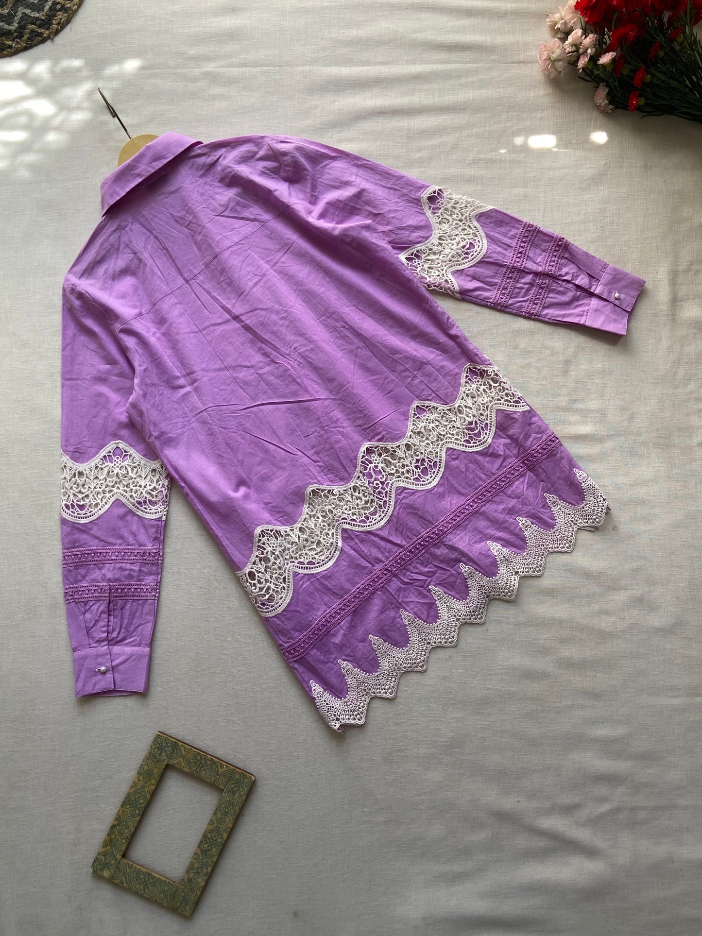 Elegant Lavender Shirt with Intricate White Lace Detailing