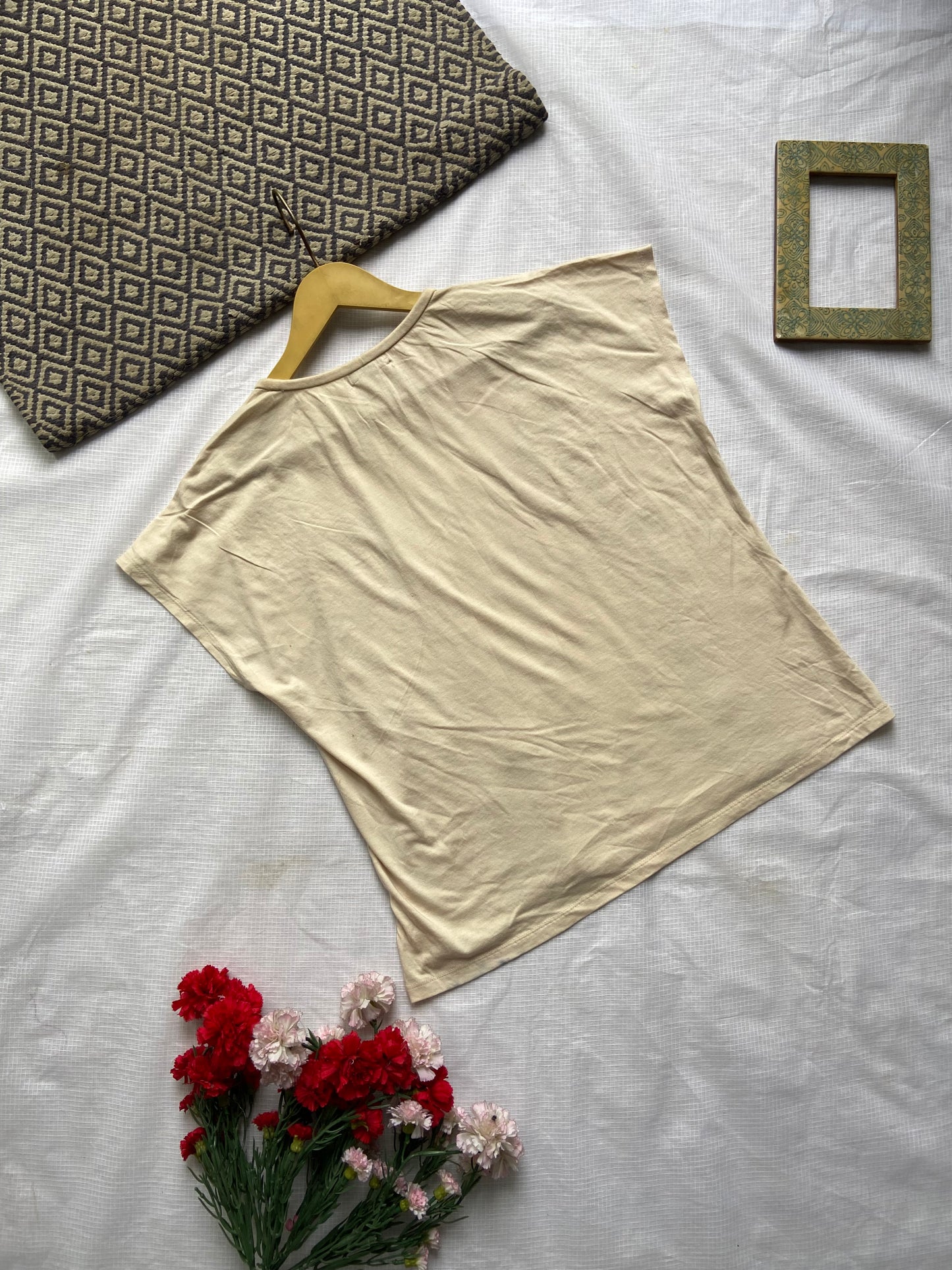 Women's Beige Embroidered Relaxed Fit Cotton T-Shirt
