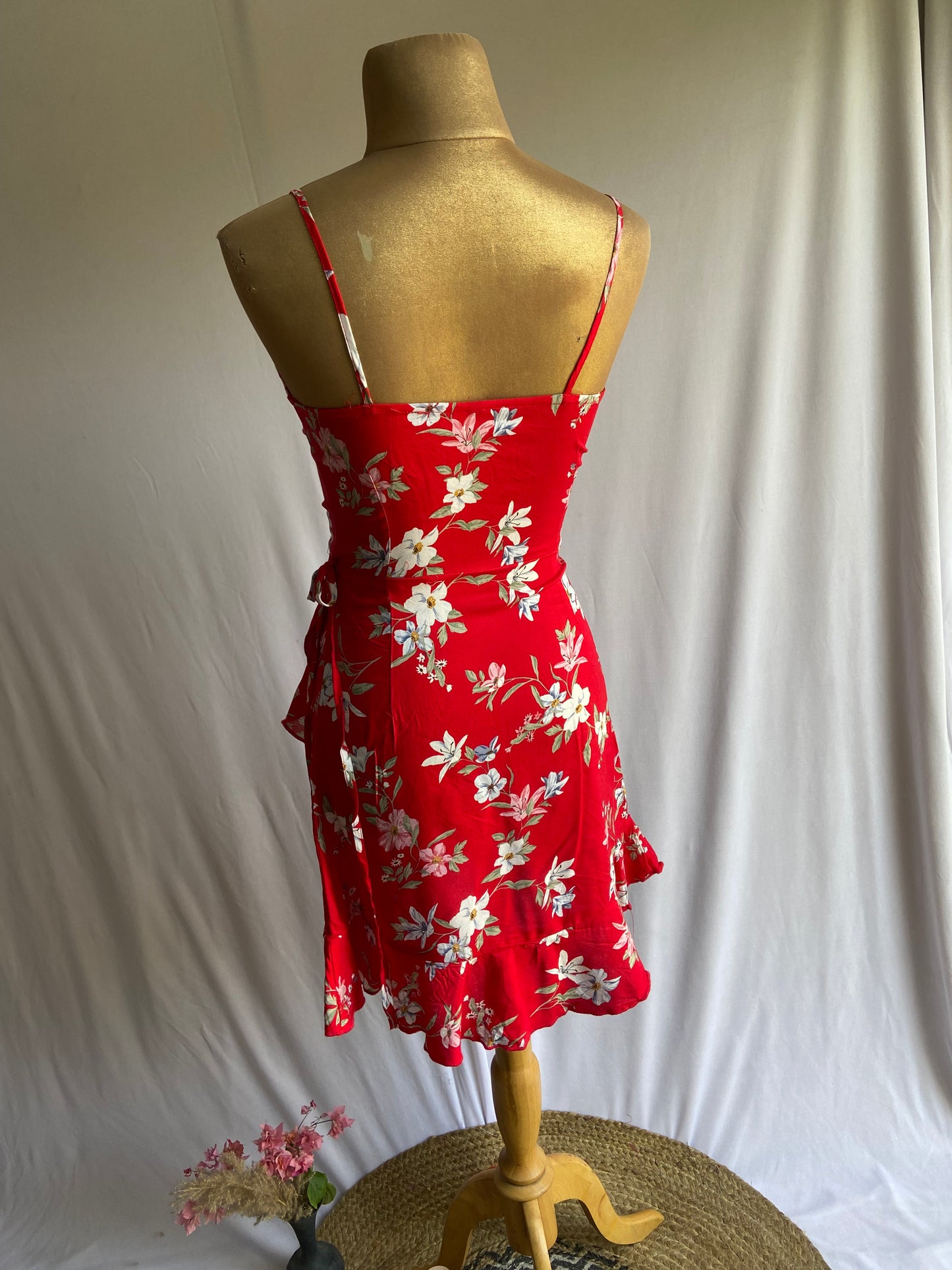 Red Floral Wrap Mini Dress with Ruffle Hem