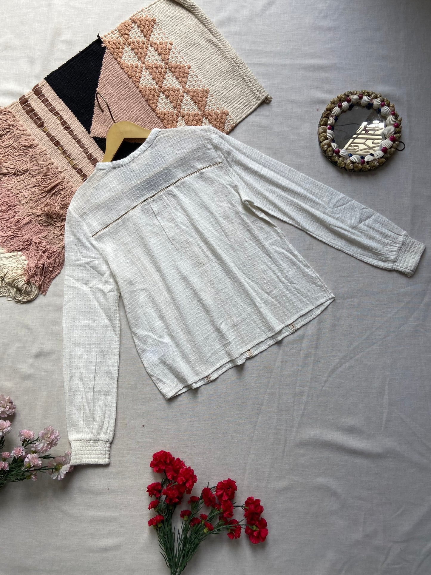 White Textured Cotton Blend Top with Pintuck Detail & Long Sleeves