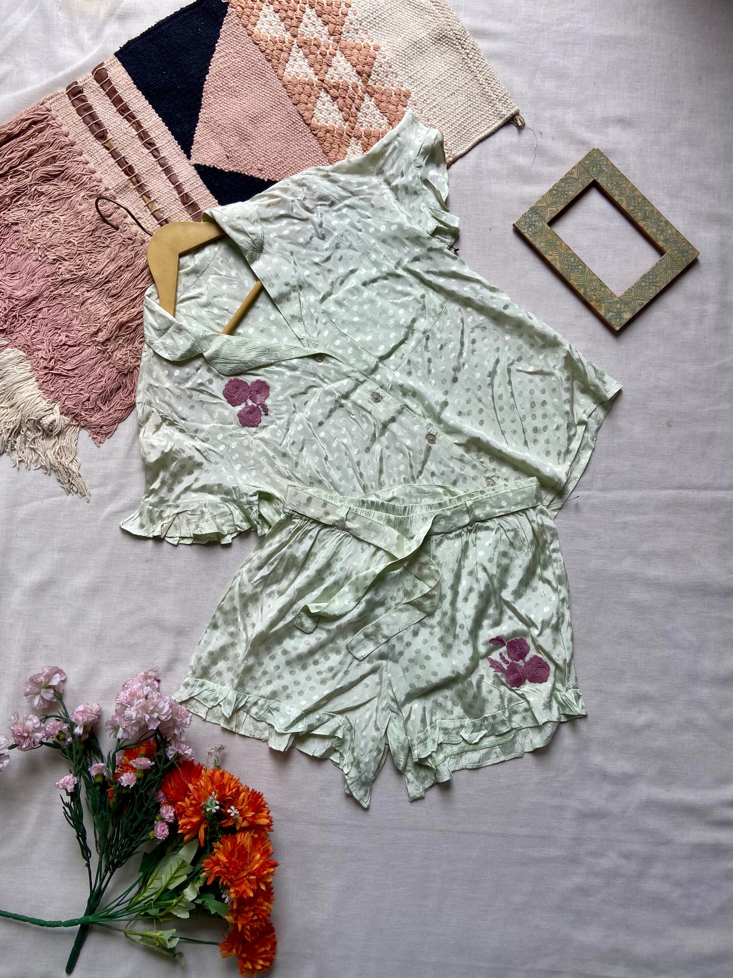 Mint Green Satin Polka Dot Nightwear Set