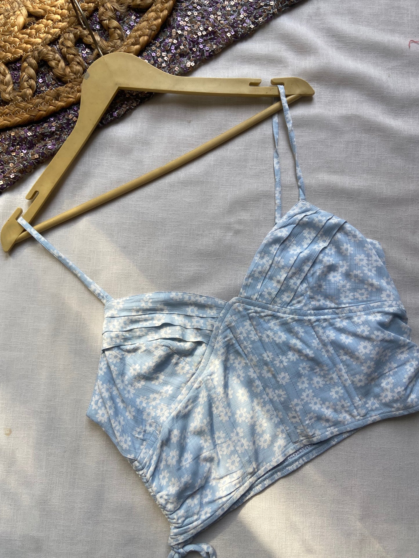 Women's Light Blue Floral Ruched Crop Top